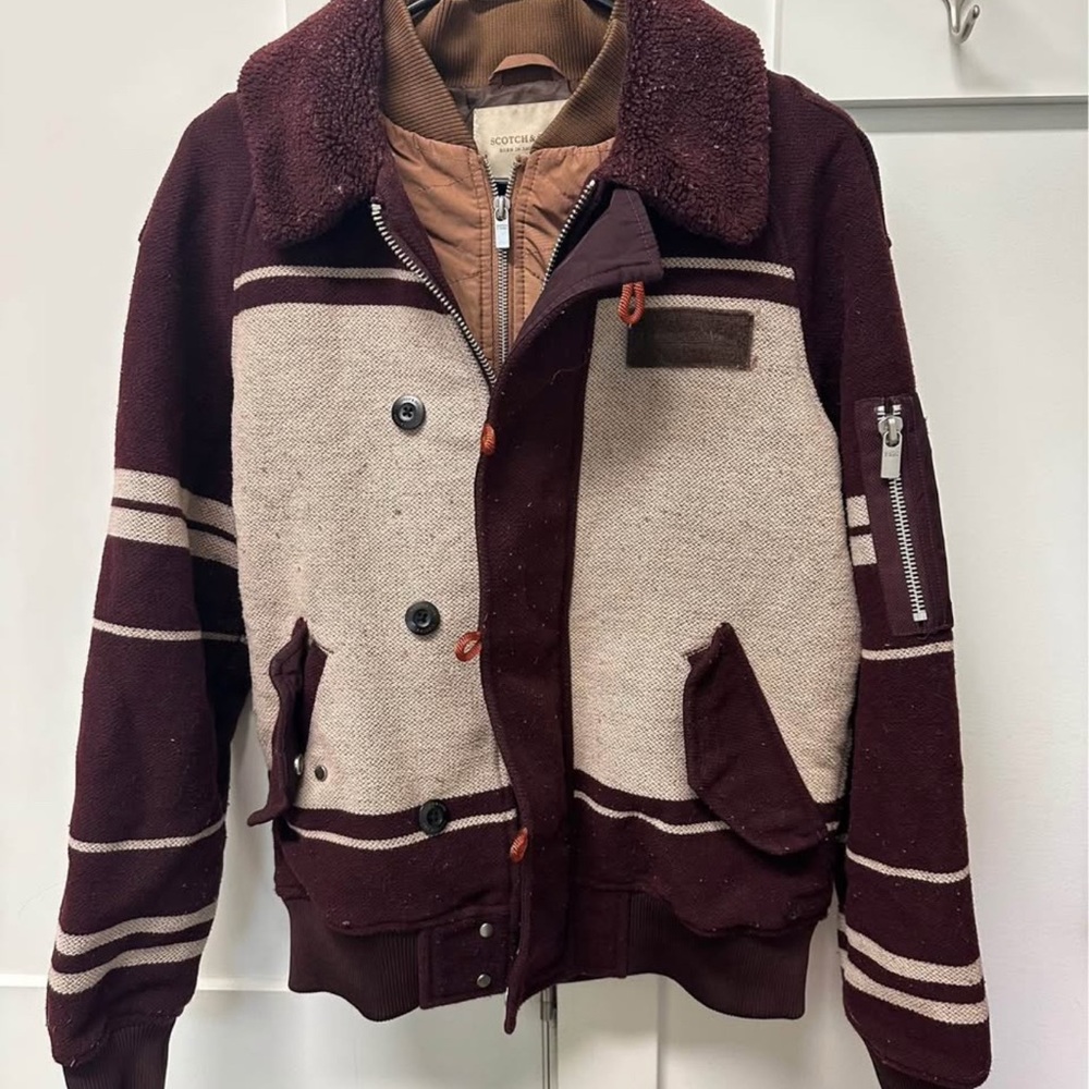 Scotch & Soda Maroon and Cream Bomber Jacket